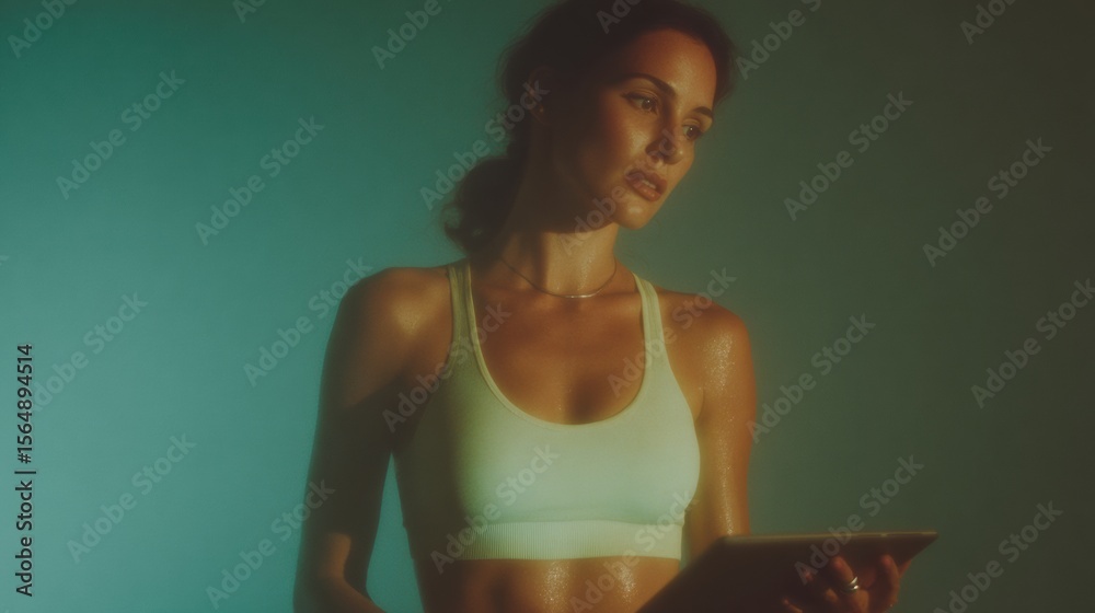 Poster athletic woman analyzing bio-feedback data on tablet wearing smart ring in soft cyan light for moder