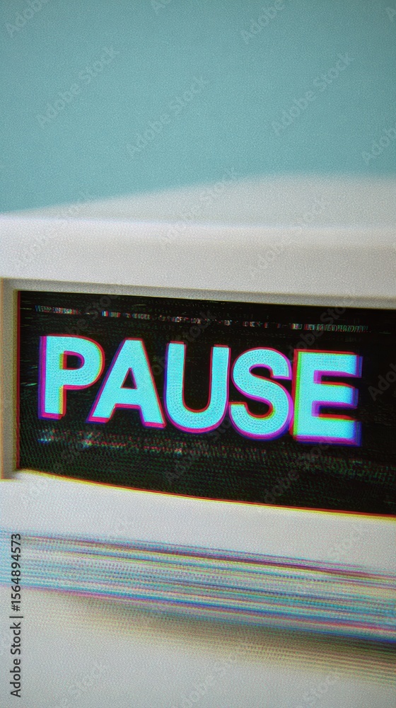 Poster Vintage VHS Style Glitch Effect with PAUSE Text on TV Screen, Digital Distortion Banner for Retro Tech Marketing and Video Content Promotion