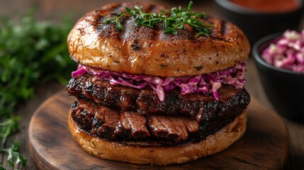 Delicious grilled beef burger with coleslaw garnish