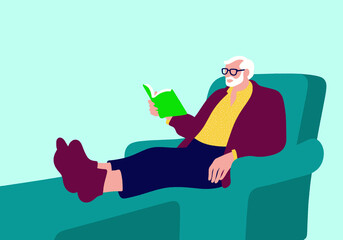 A senior man enjoys a moment of peaceful leisure, relaxing in an armchair while engrossed in a good book at home. 