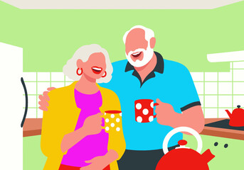 A happy senior couple enjoying coffee or tea together in their kitchen. Joyful retirement lifestyle and companionship at home.