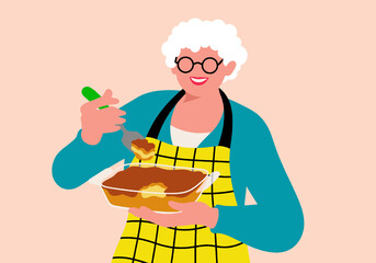A joyful senior woman in an apron proudly holds a freshly baked dish, embodying the warmth of home cooking and family traditions. 
