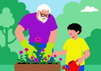 A grandfather and grandson gardening together, planting and watering flowers outdoors. Family bonding and teaching about nature.