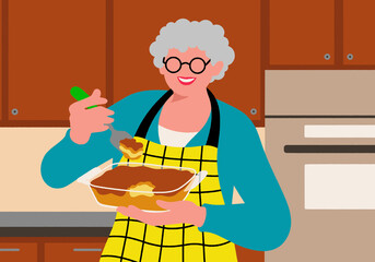 A smiling grandmother proudly holding a freshly baked dish in her kitchen, ready for a celebration.