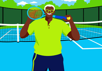 Illustration of an active senior man smiling on a tennis court, holding his racket and a ball, ready to play. Healthy leisure and sport. 