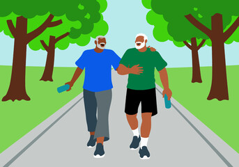 Illustration of two senior men enjoying a friendly walk in a park, talking and carrying water bottles. Active leisure and companionship outdoors. 