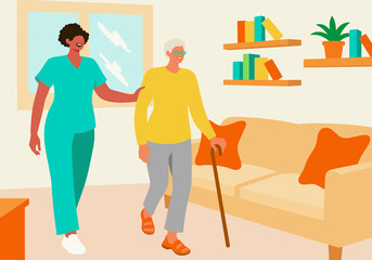 A caregiver assisting an elderly person with a cane walking in a home living room setting. Supportive eldercare.