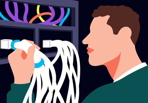 Illustration of an IT technician working with network cables in a data center, highlighting connectivity and server infrastructure. 