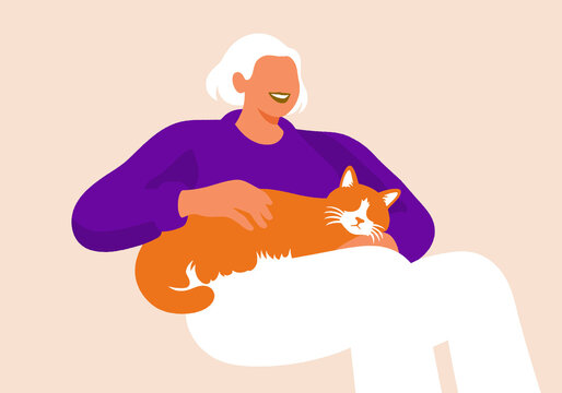 A senior person finds comfort and companionship at home, gently petting a contented cat resting on their lap. 