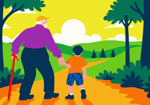 A grandfather with a cane and his grandson walking hand-in-hand on a path through nature, towards a sunset. Family bonding outdoors.