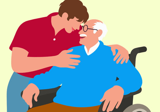 A compassionate young person offers loving support and care to an elderly man in a wheelchair, sharing a warm, tender moment. 