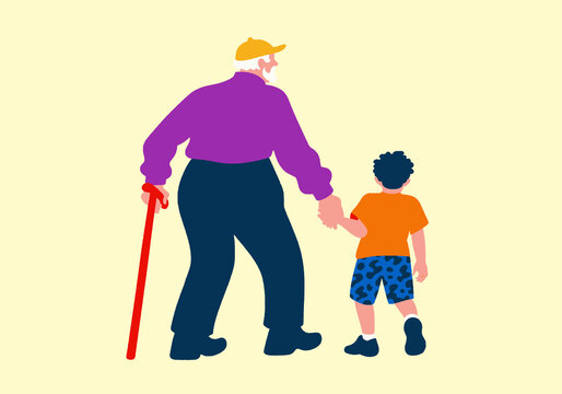 A senior and child walk hand-in-hand, a poignant scene of intergenerational love, guidance, and support as they journey together.