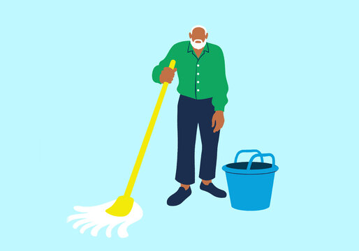A senior man diligently cleans his home, mopping the floor. A depiction of self-care, independence, and managing household chores while aging. 