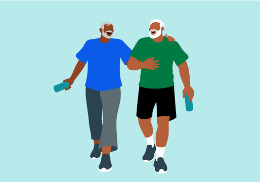 Two senior friends enjoy a happy, active walk together, sharing a laugh and staying hydrated, embodying companionship and vitality. 
