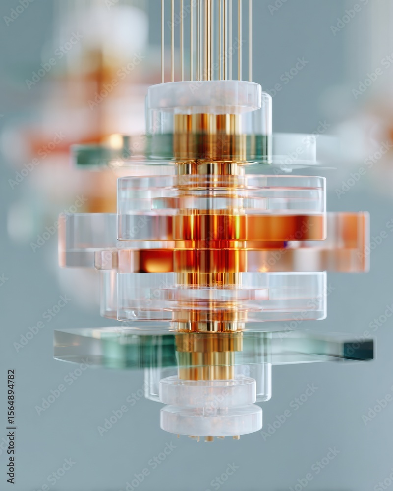 Poster Futuristic Quantum Computer Hardware with Transparent Layers and Gold Components Representing Advanced Computing Speed and Next-Gen Technology Innovation