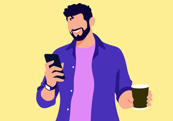 Smiling man in purple shirt holding phone and coffee against yellow background. Illustration
