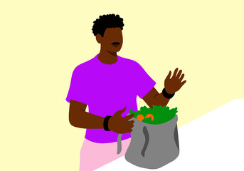 Person placing groceries into a reusable bag on a counter indoors. Illustration