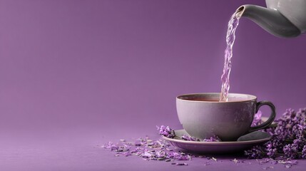 Pouring tea in cup, lavender background, purple color background. High quality