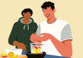 Two friends cooking together, adding ingredients into a glass bowl, smiling warmly. Illustration
