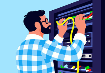 Person in a checkered shirt connects cables to a server rack. Illustration