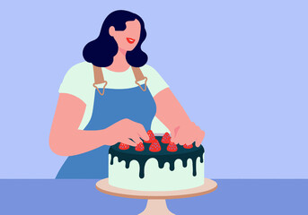 Woman in blue apron decorating a chocolate cake with strawberries on blue backdrop. Illustration