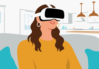 Woman with VR headset sitting on a couch in a modern living room. Illustration