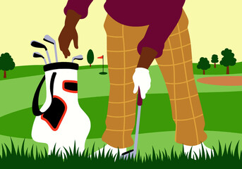 Golfer in plaid pants prepares to putt beside a golf bag on a sunny green course. Illustration