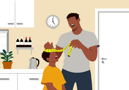 Parent measuring child's height in modern kitchen with a tape measure. Illustration
