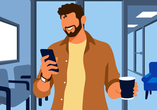 A smiling person with a beard holding a smartphone and a cup in an office setting. Illustration