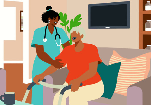 Nurse assists elderly woman with walker in cozy living room setting. Illustration