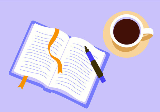 Open book with an orange ribbon, blue pen, and a cup of coffee on a light purple background. Illustration