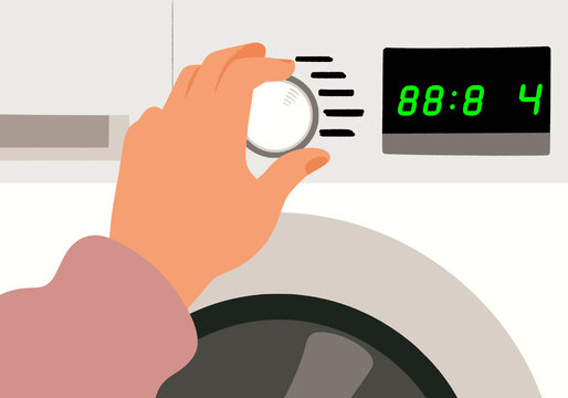 Hand adjusting dial on a digital washing machine with time display. Illustration