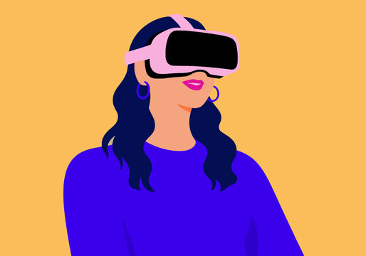 Woman with long hair wearing a VR headset on a bright yellow background. Illustration