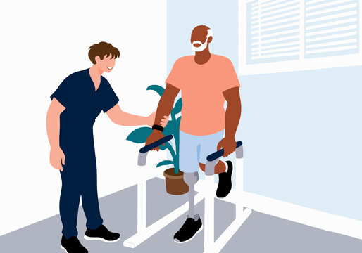 A therapist assists a man with prosthetic legs walking on parallel bars indoors. Illustration