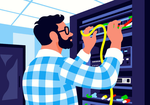 Technician adjusting server cables in a data center room. Illustration
