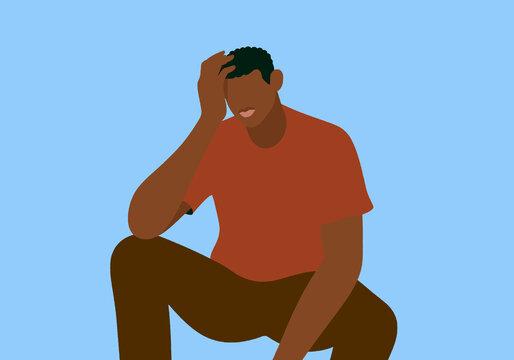 Illustration of a person sitting with one hand on their head, against a blue background. Illustration