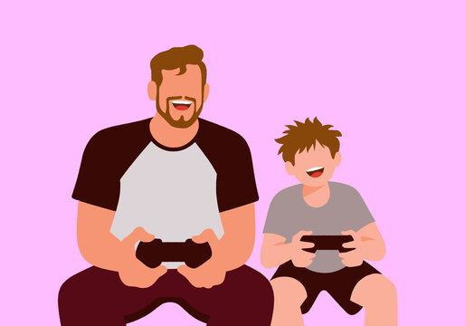 Two people happily playing video games, seated against a pink background. Illustration