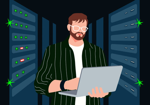 Man in server room working on a laptop surrounded by glowing servers. Illustration
