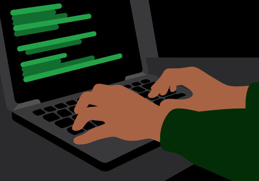 Hands typing on a laptop keyboard with code displayed on the screen. Illustration