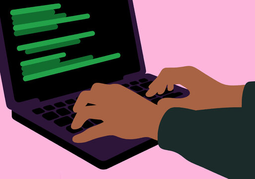 Hands typing code on a laptop with a pink background. Illustration