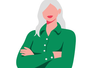 Illustrated woman with long white hair, green shirt, and crossed arms on a white background. Illustration