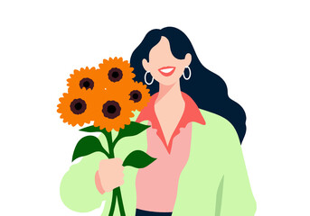 Woman smiling, holding a bouquet of sunflowers against a plain background. Illustration