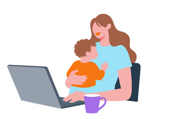 Illustration of a woman holding a child while working on a laptop with a coffee mug nearby. Illustration