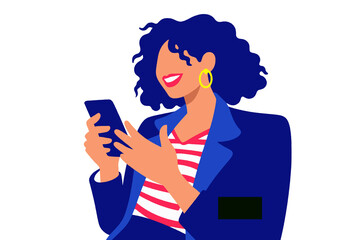 Woman with curly hair in blue blazer using smartphone, smiling, isolated on white. Illustration