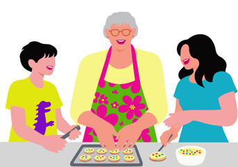 Three people happily decorating cookies with colorful icing in a playful kitchen setting. Illustration
