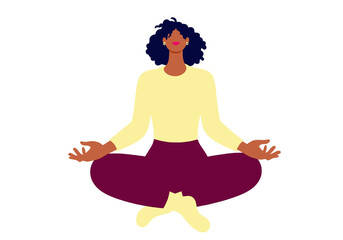 Illustration of a woman meditating in a cross-legged pose on a white background. Illustration