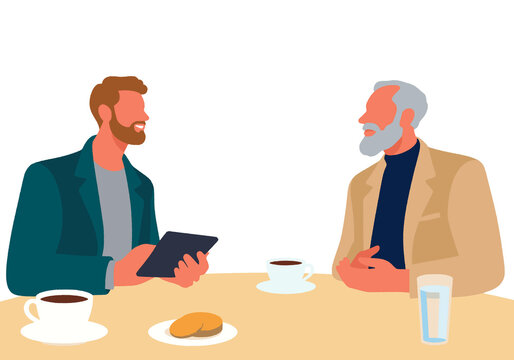 Two men sit at a table with coffee, a tablet, and a plate of cookies in a minimalist setting. Illustration