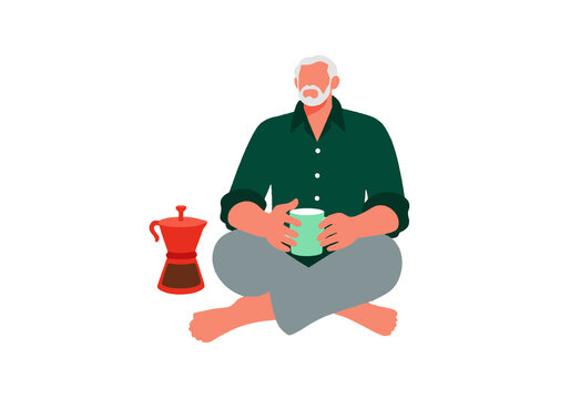 Older man with white hair sits cross-legged holding cup beside red coffee maker. Illustration
