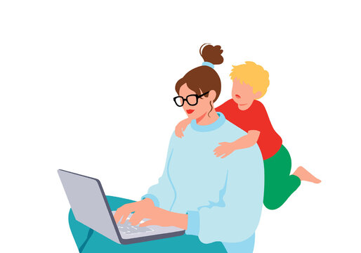 Woman works on laptop with child playfully leaning on her back. Illustration