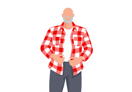 Bald man with beard wearing a red plaid shirt over a white tee on a white background. Illustration